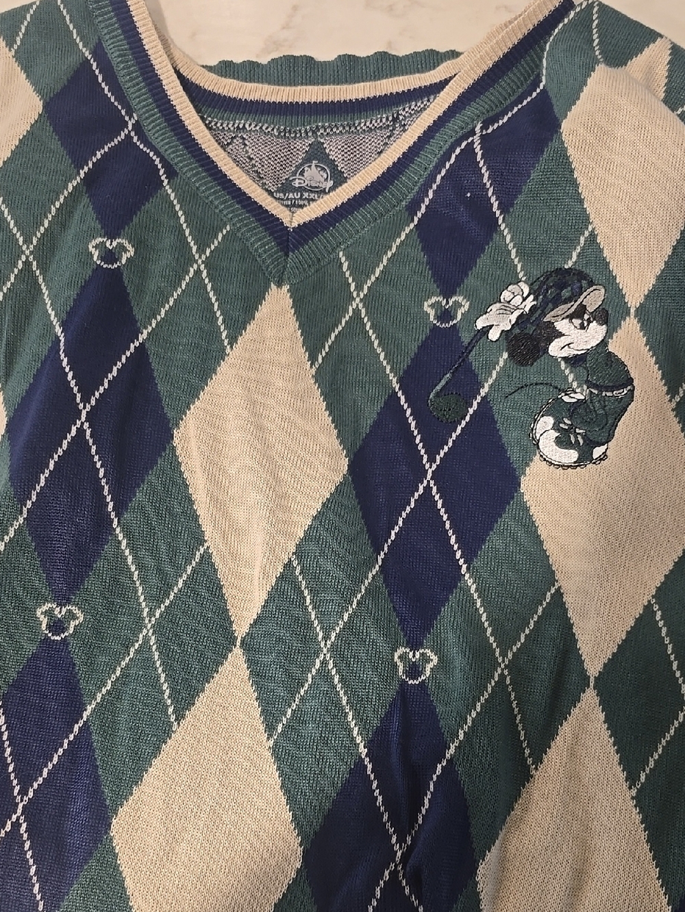 Disney Argyle V-Neck Sweater - Green, Navy & Cream Featuring Mickey Mouse